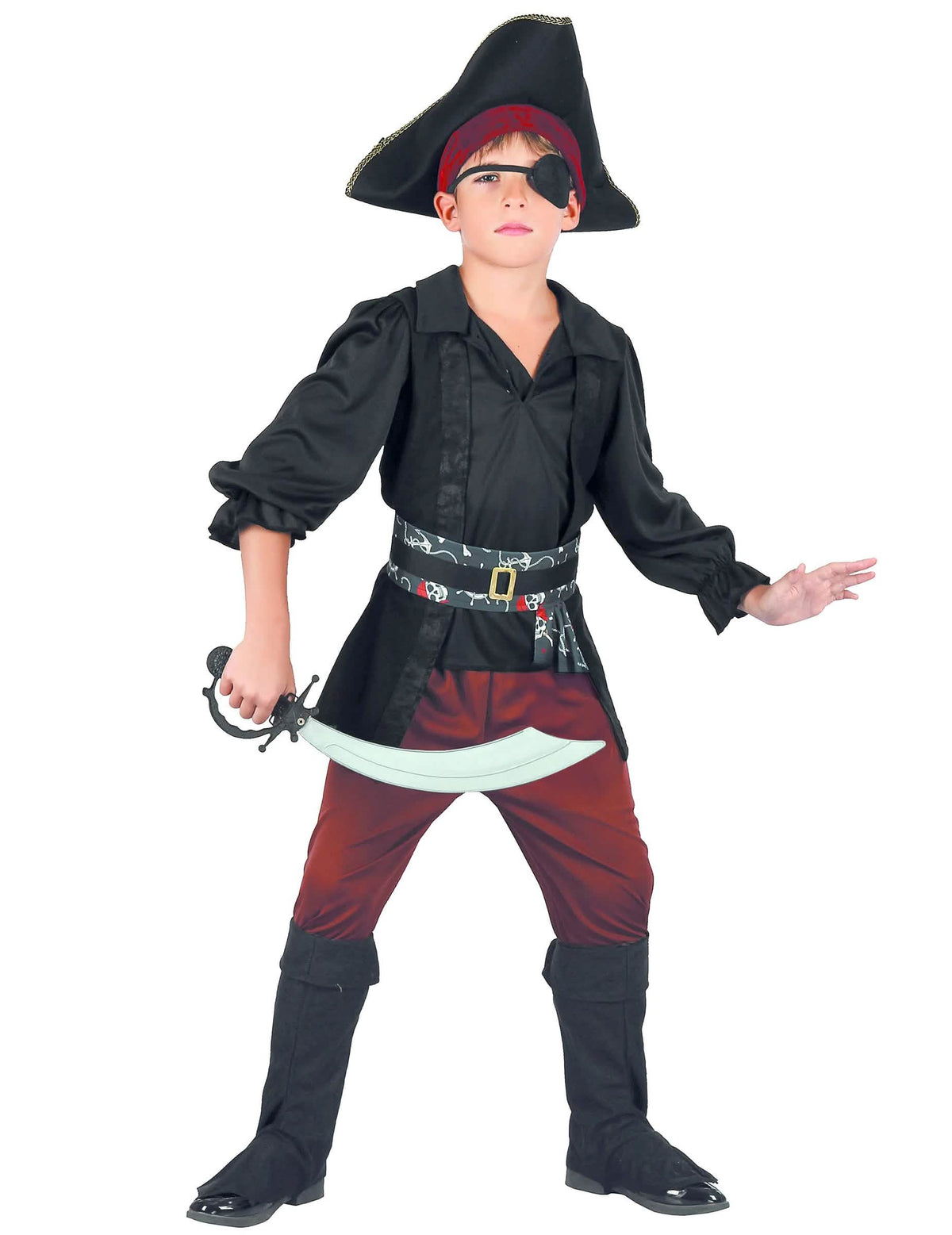 Disfraz de pirata para niño negro y rojo con sombrero