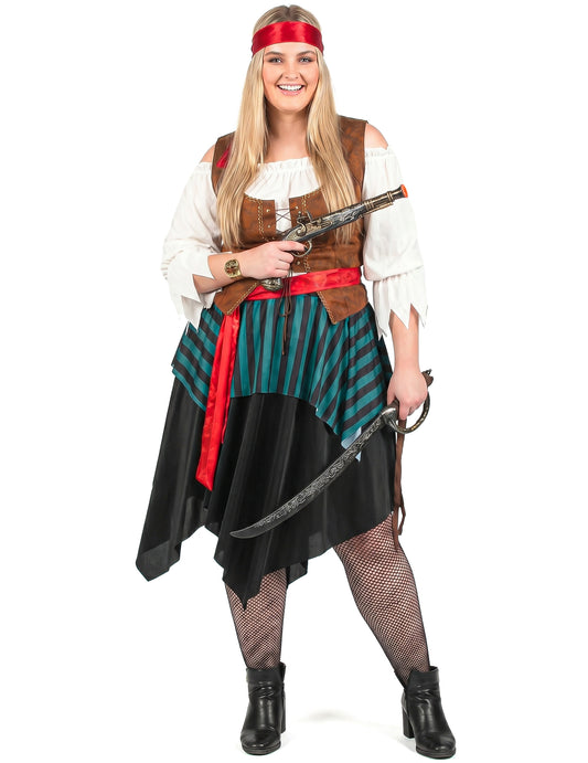 Disfraz pirata rayado azul y negro mujer talla grande