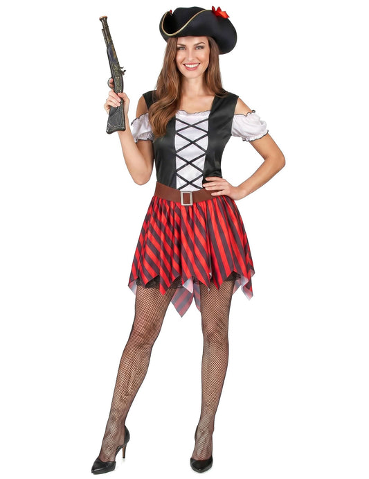 Disfraz pirata rayas rojas y negras mujer