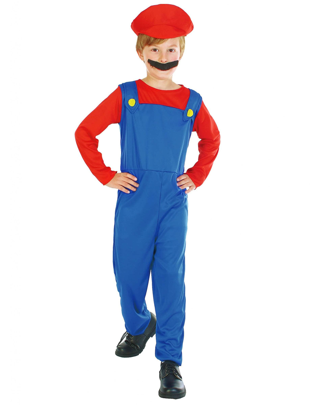 Disfraz de fontanero para niño rojo y azul con gorra y bigote