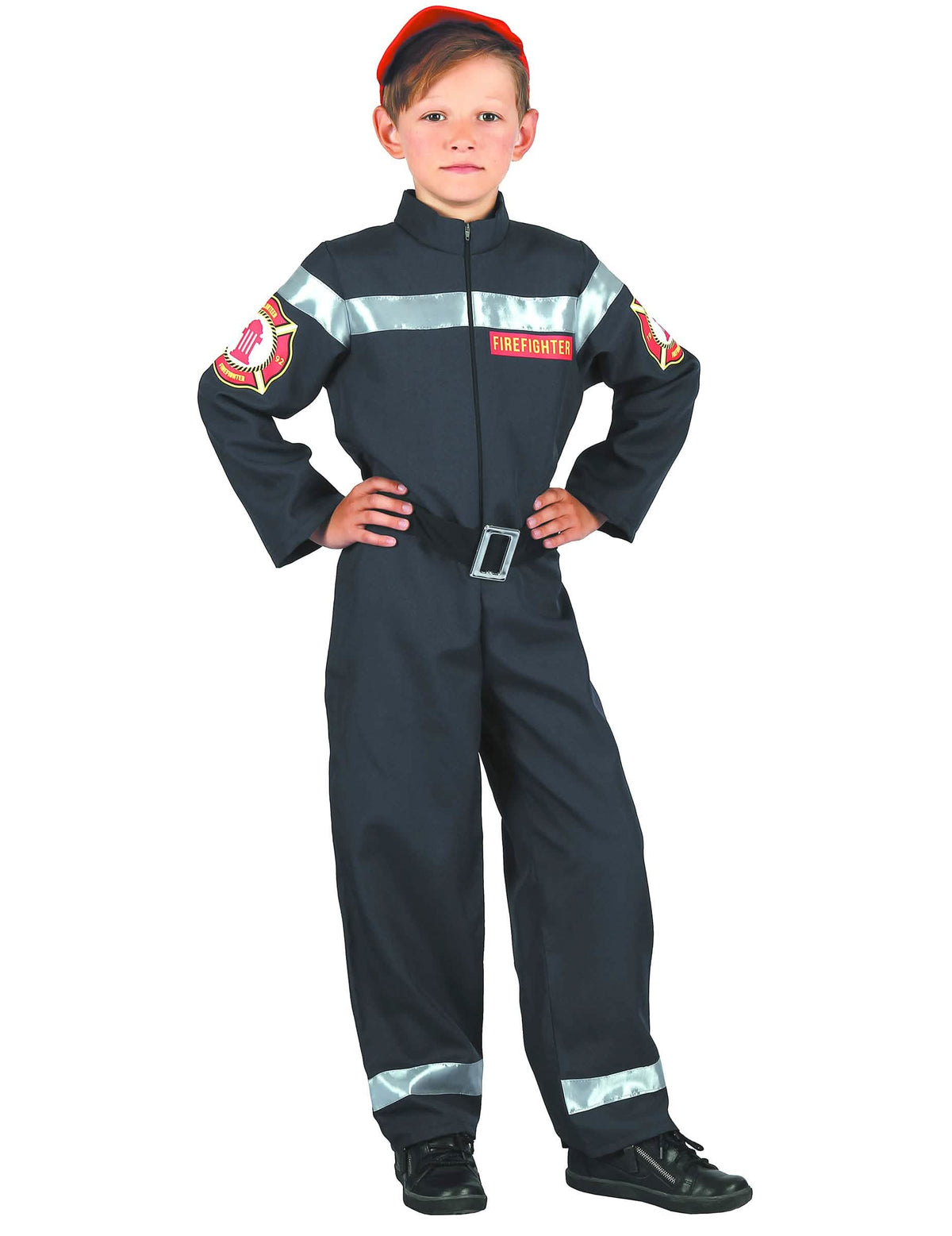Disfraz de bombero para niño negro con bandas reflectantes y gorra roja