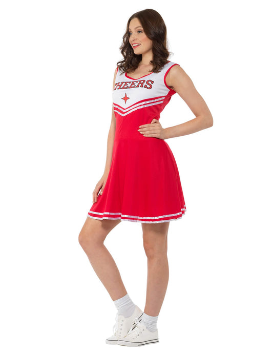 Vue de profil du déguisement pompom girl pour femme rouge avec inscription CHEERS