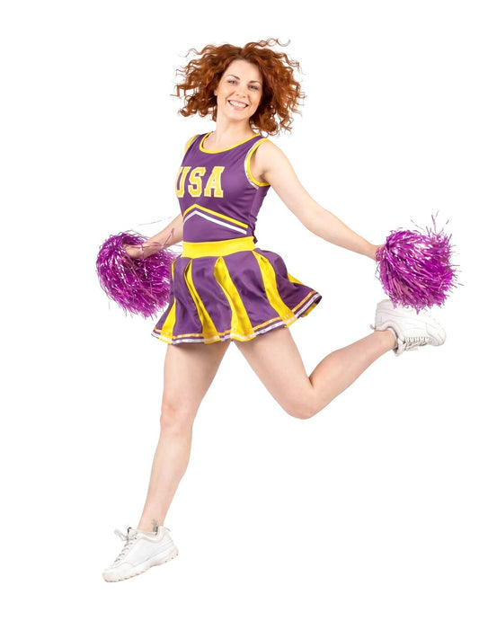 Disfraz animadora USA morado y amarillo mujer
