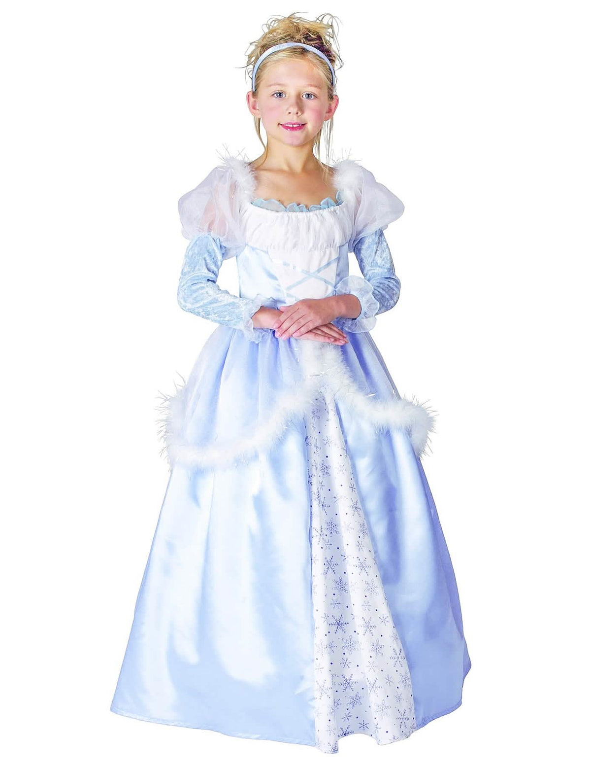 Déguisement de princesse pour enfant bleu et blanc avec motifs flocons et fausse fourrure