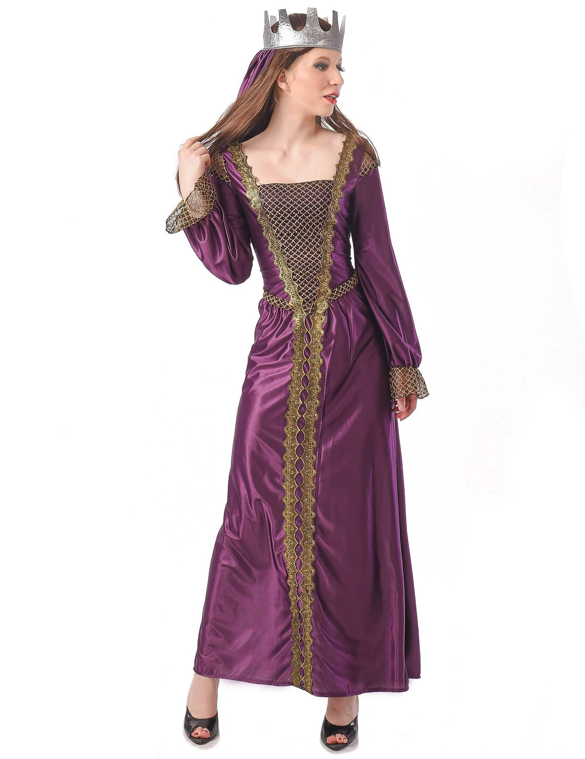 Disfraz de princesa medieval para mujer violeta y dorado con corona