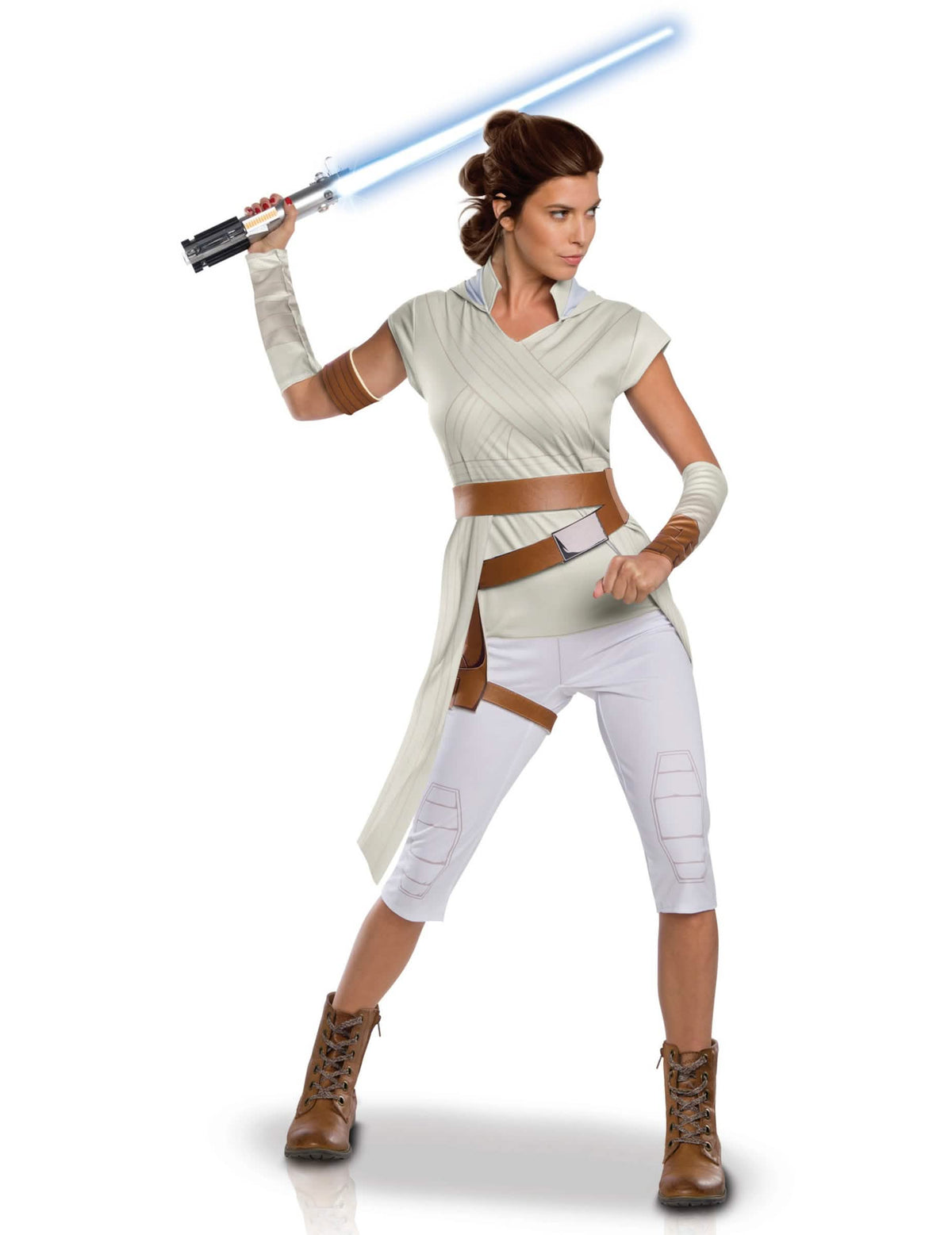Disfraz Rey Star Wars The Rise of Skywalker para mujer beige y blanco con sable láser azul