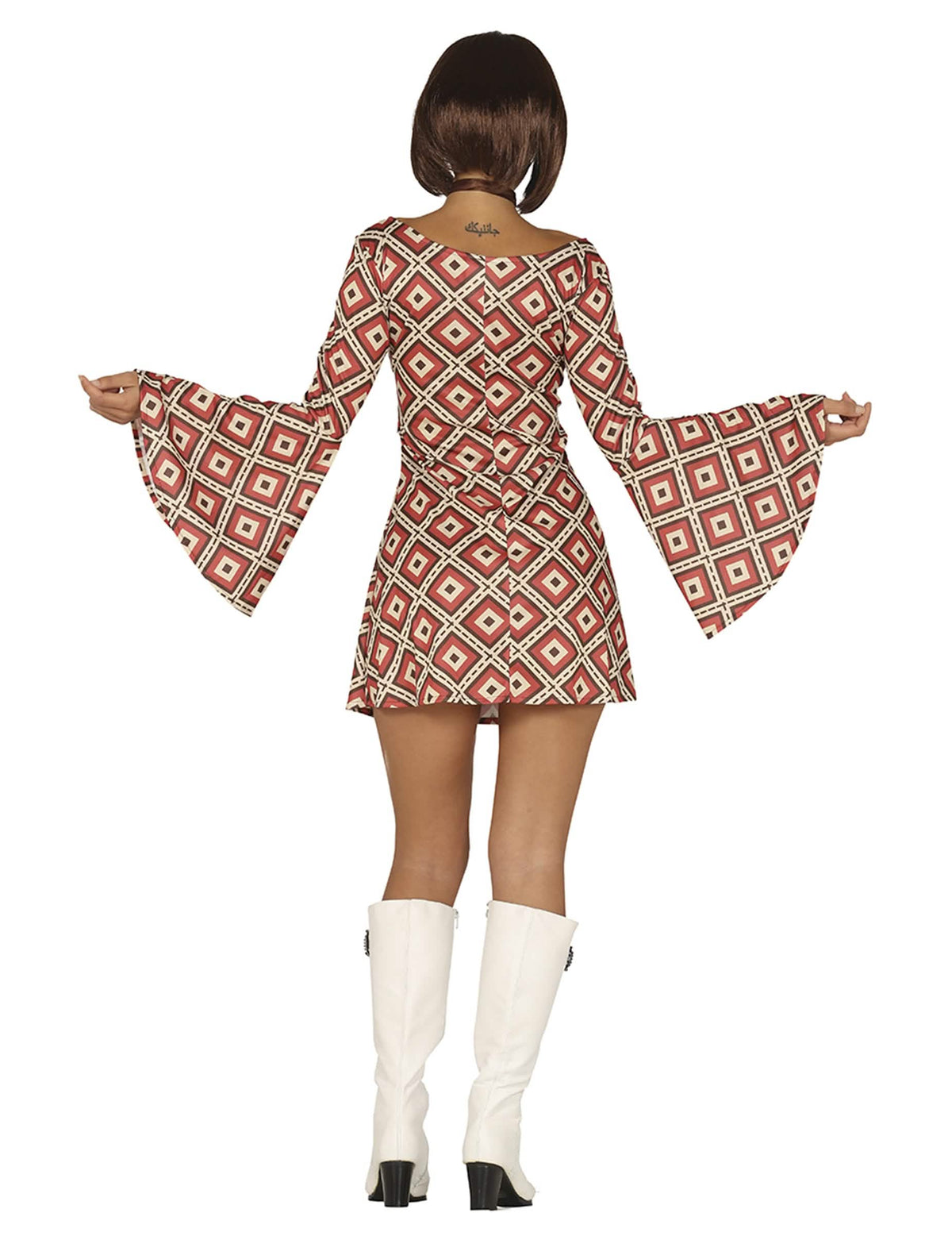 Vista trasera del disfraz de vestido de disco de rombos para mujer