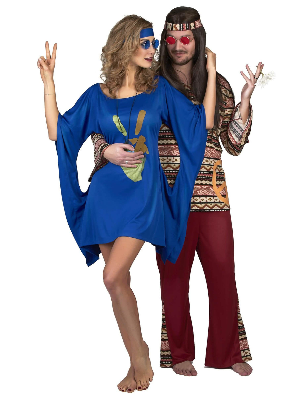 Versión pareja del disfraz vestido hippie peace and love para mujer