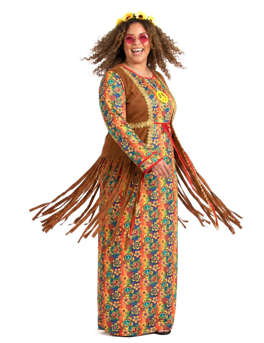 Disfraz largo de hippie con flecos para mujer talla grande