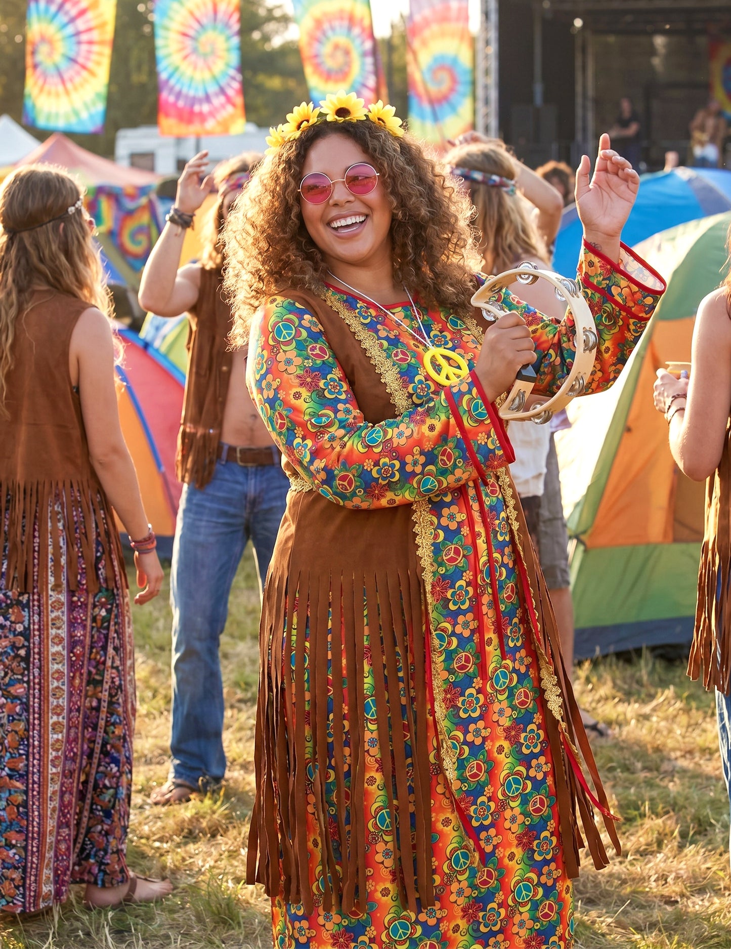Disfraz largo de hippie con flecos para mujer talla grande