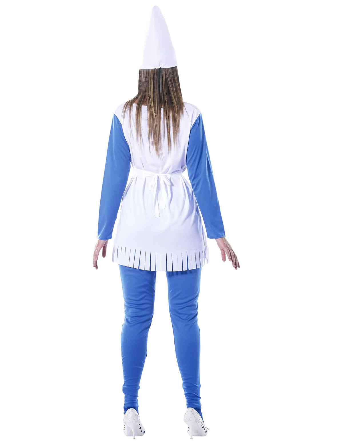 Vista posterior del disfraz vestido de enano azul para mujer