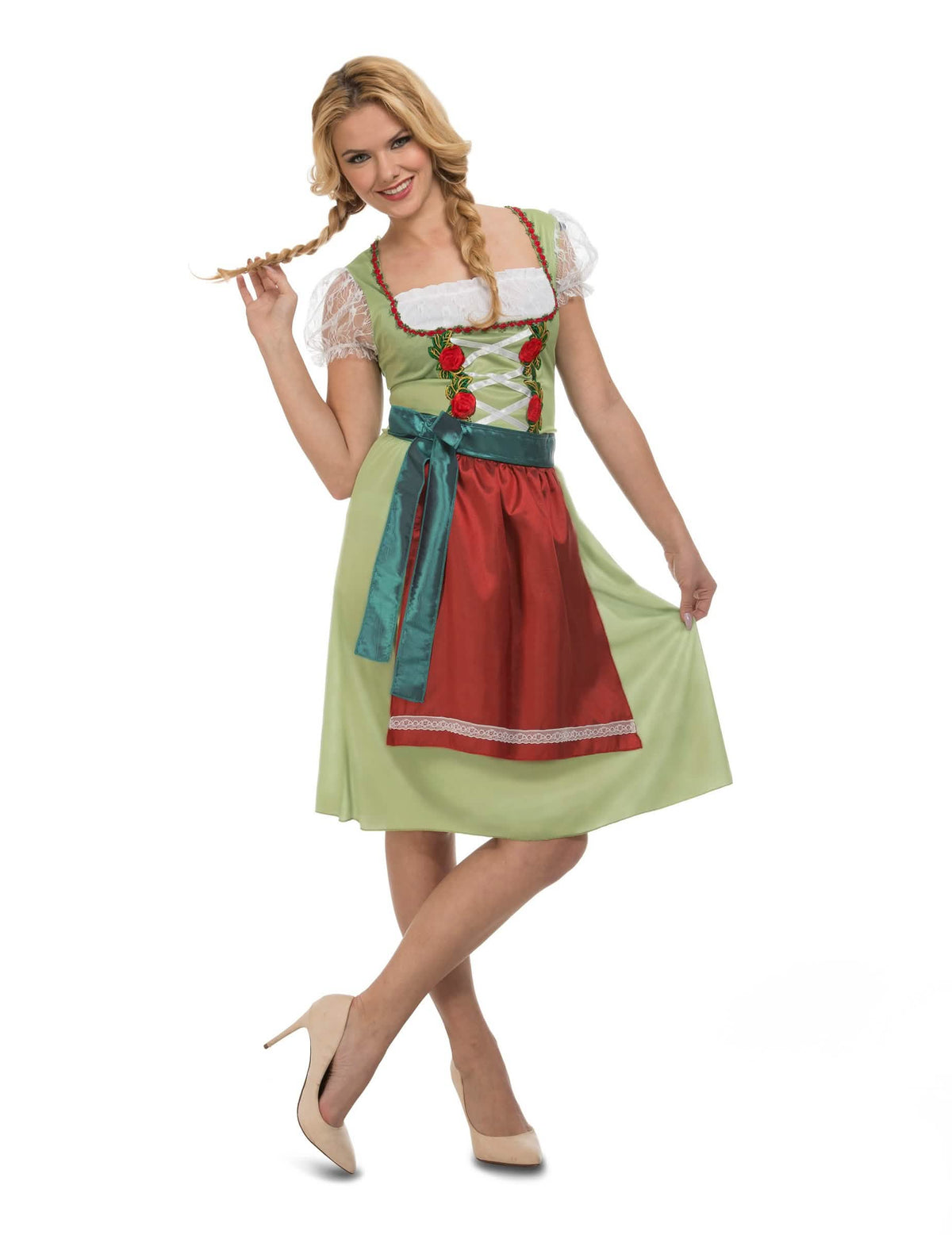 disfraz vestido fiesta de la cerveza para mujer verde con delantal rojo