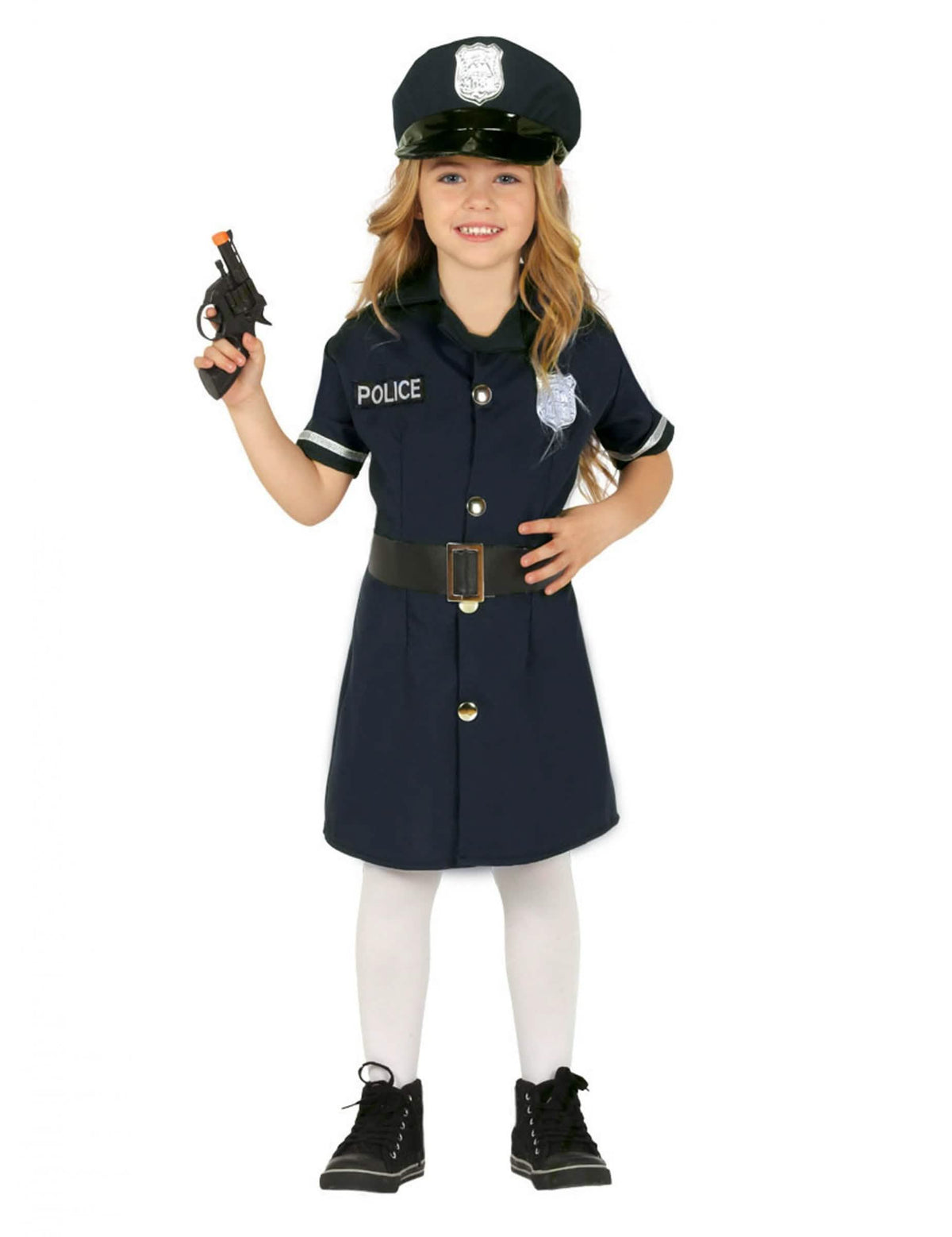 Disfraz de vestido de policía para niña azul marino con gorra y cinturón