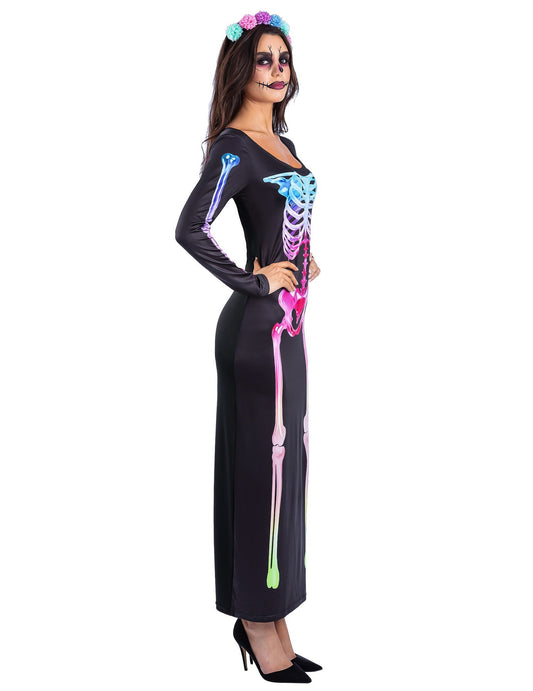 Disfraz de vestido esqueleto arcoíris para mujer