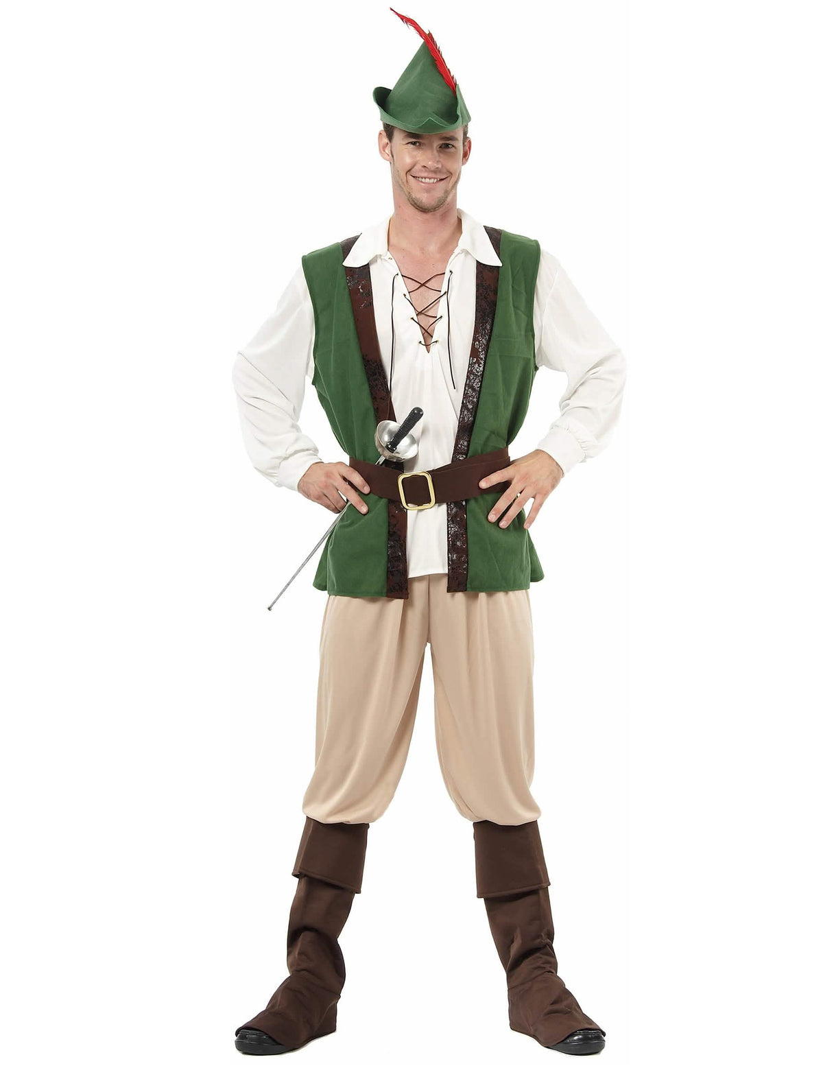 Déguisement de Robin des Bois pour homme vert et beige avec chapeau à plume