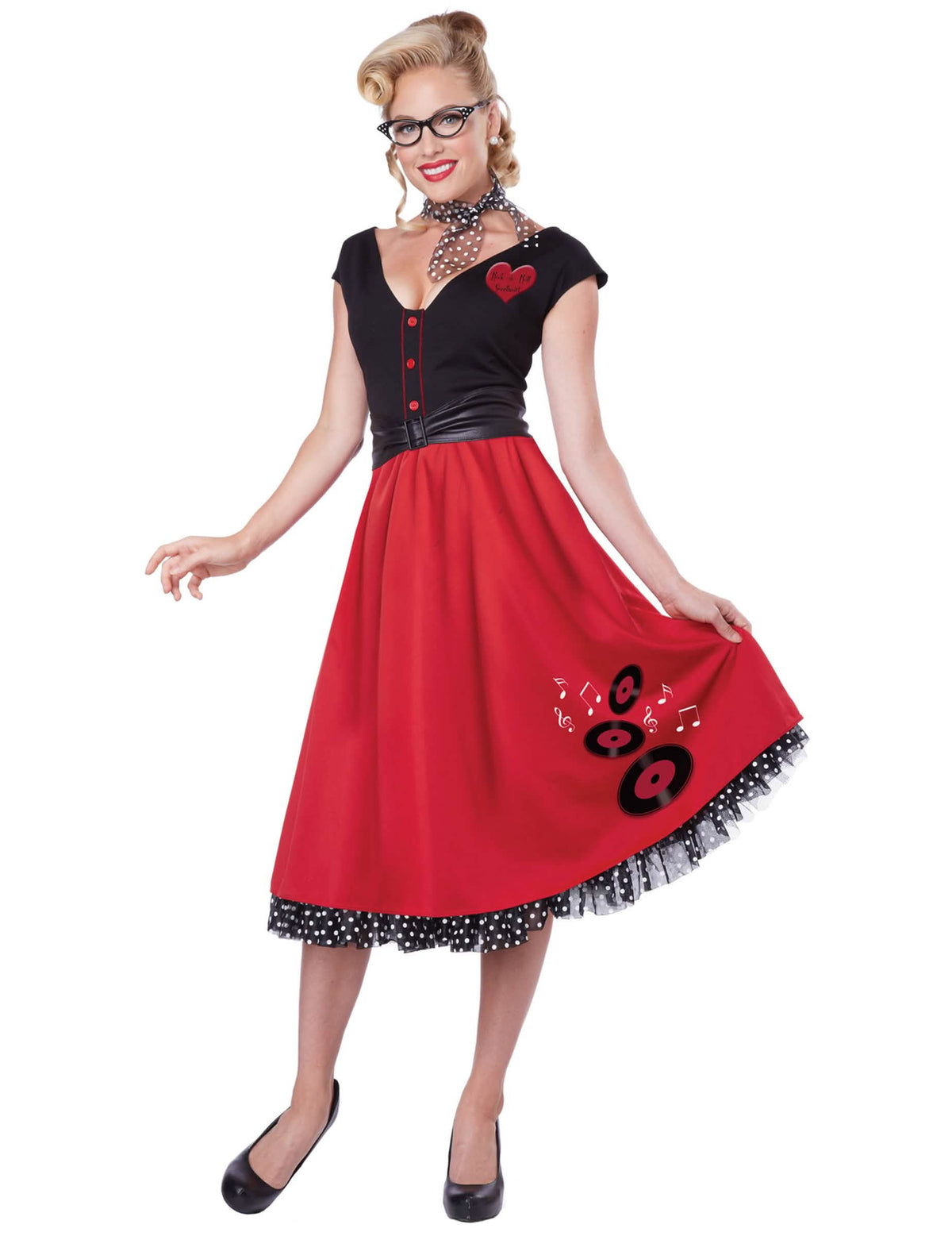 Disfraz rock n roll para mujer rojo y negro con motivos vinilos y pañuelo a lunares