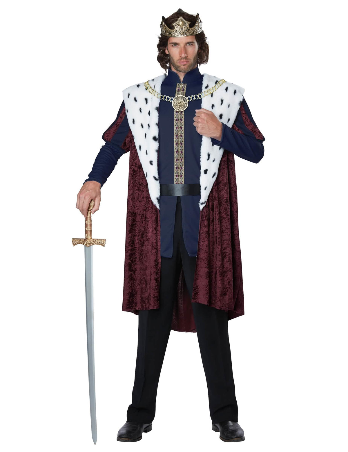 Déguisement roi de conte de fée luxe pour homme bordeaux et bleu avec cape en fausse fourrure