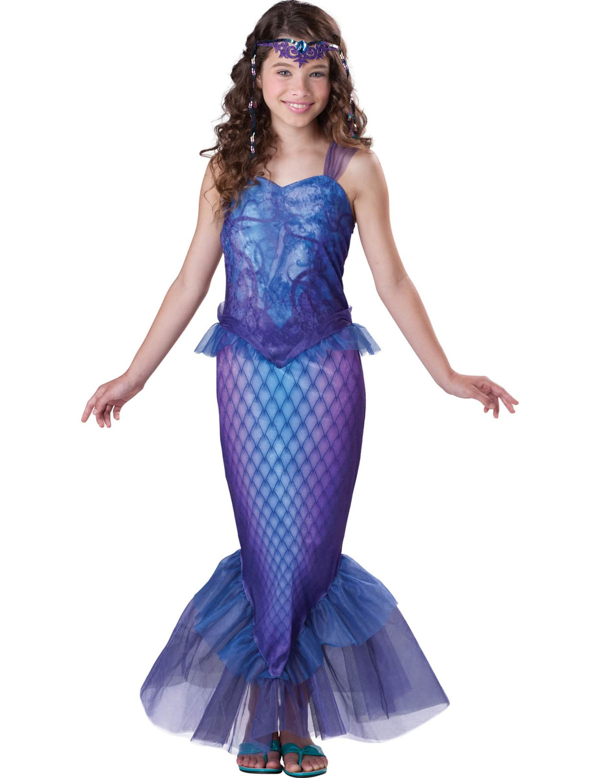 Disfraz de sirenas para niña azul y violeta de lujo con banda para el pelo