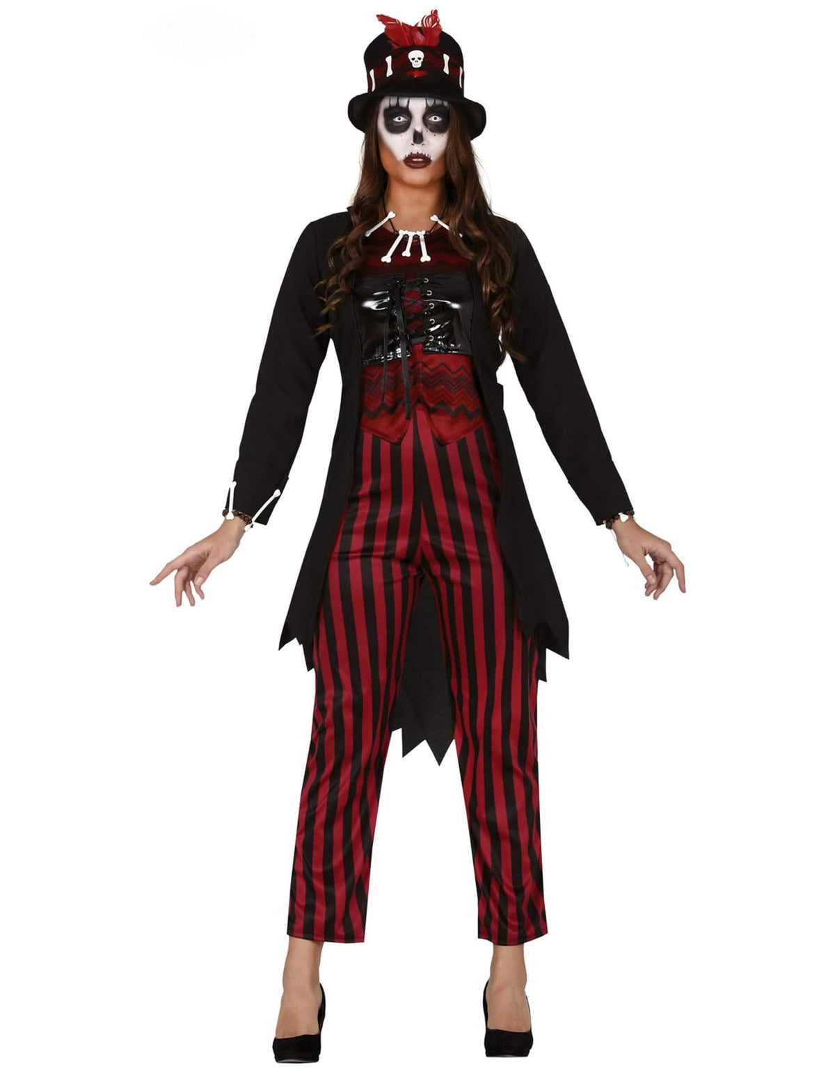 Disfraz de bruja vudú para mujer rojo y negro a rayas con sombrero