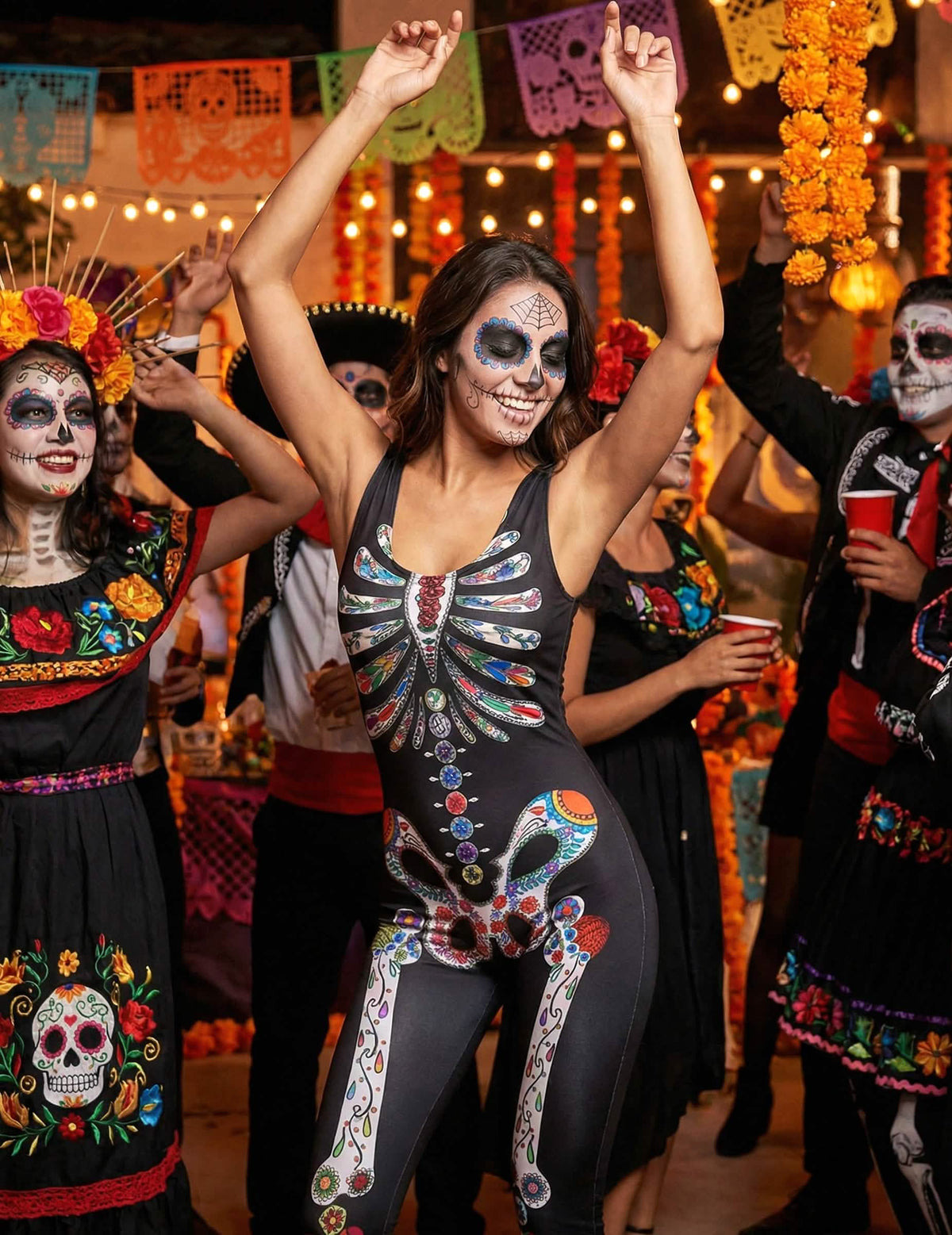 Escenificación festiva del disfraz esqueleto día de los muertos