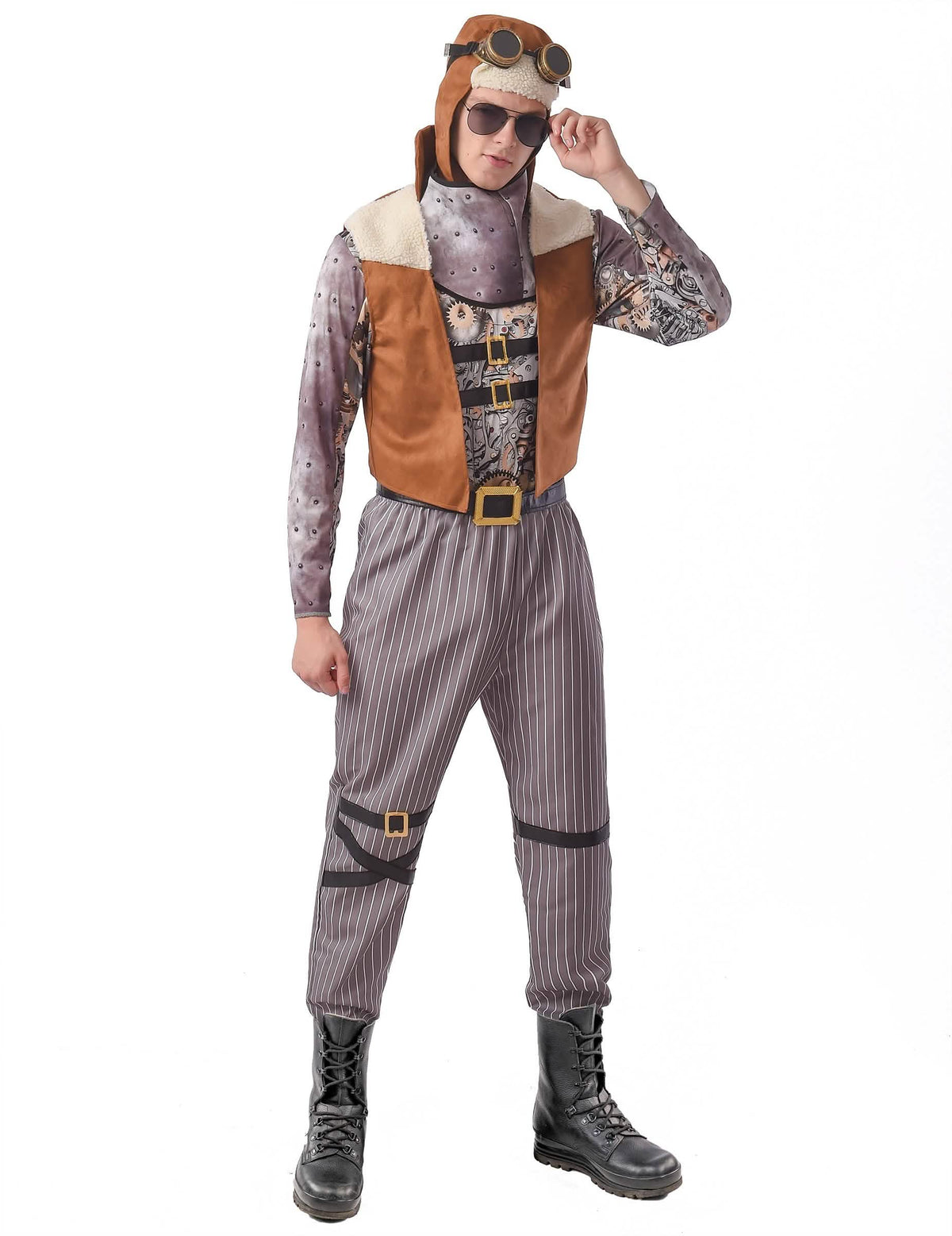 Disfraz steampunk de aviador para hombre marrón y gris con casco y gafas
