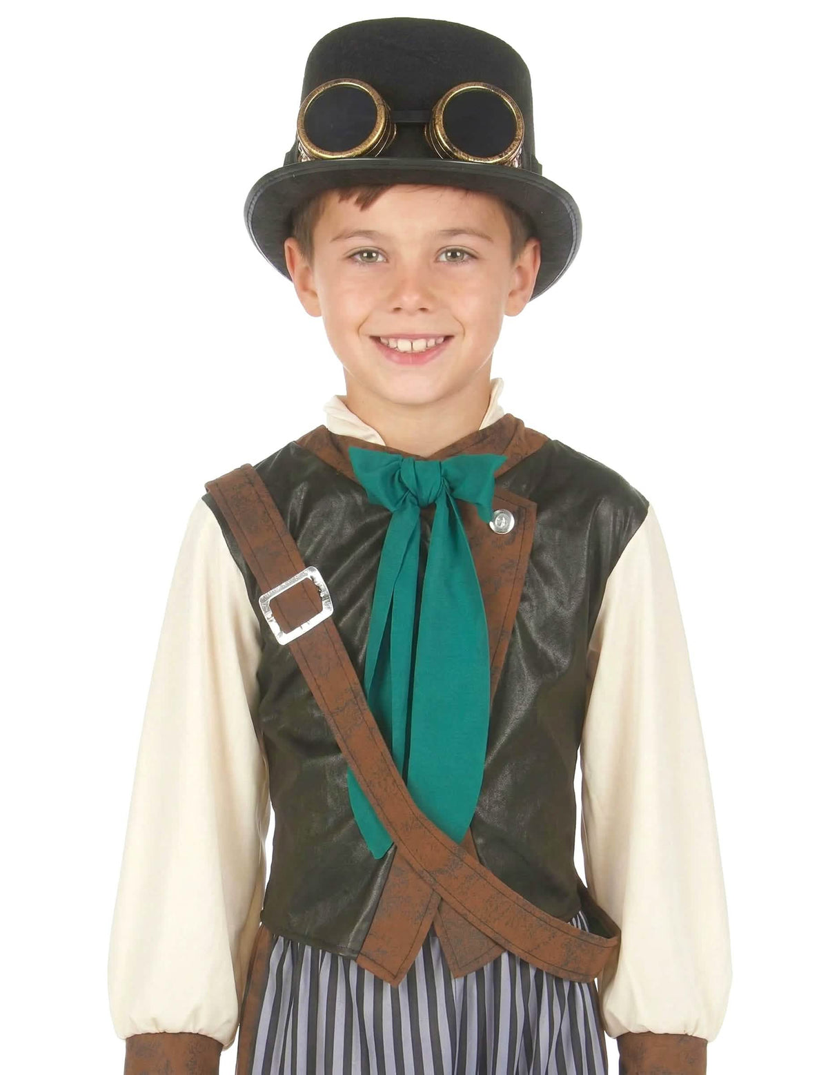 Primer plano del chaleco y el sombrero del disfraz steampunk dandy para niño