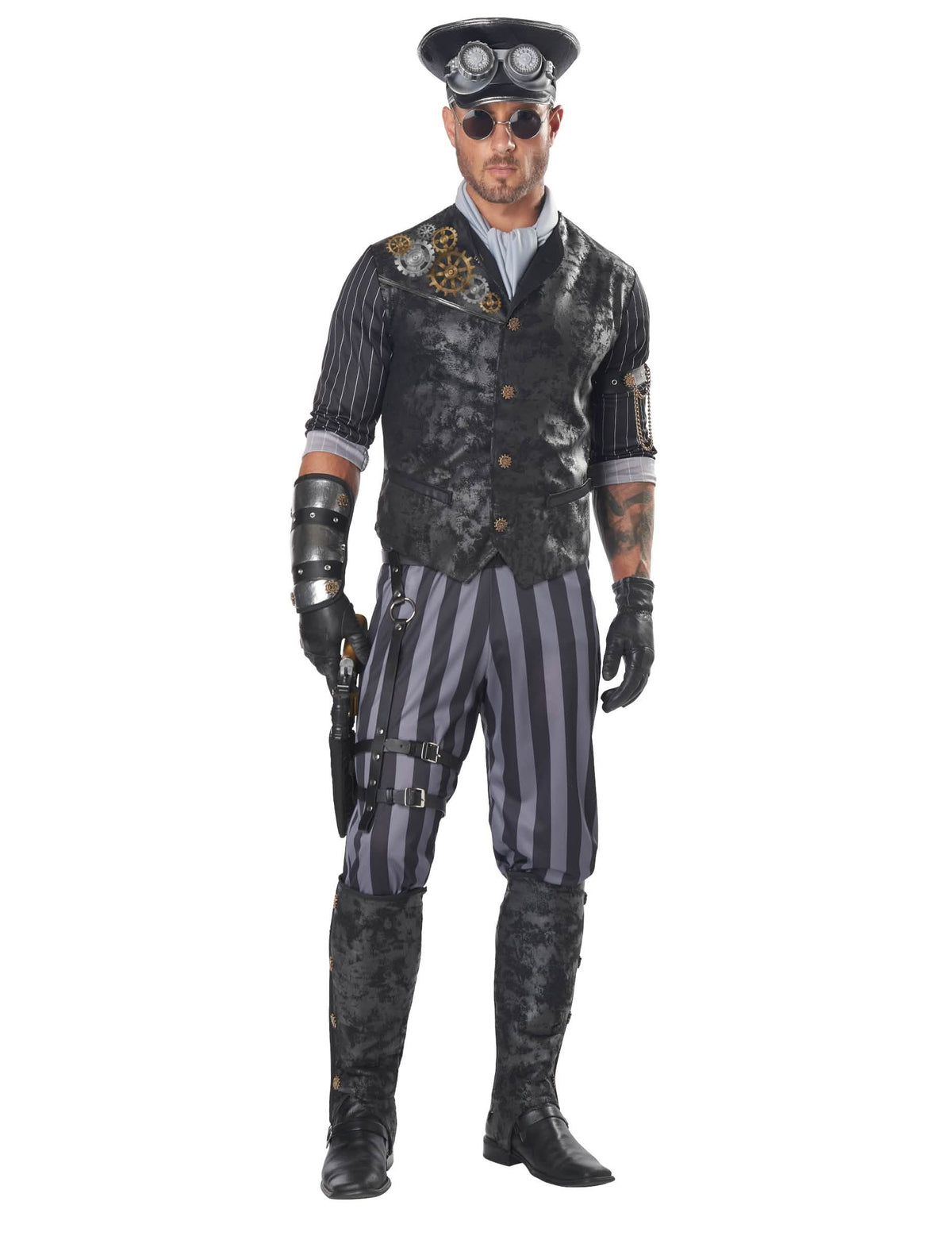 Disfraz de capitán steampunk para hombre negro y gris con detalles de engranajes