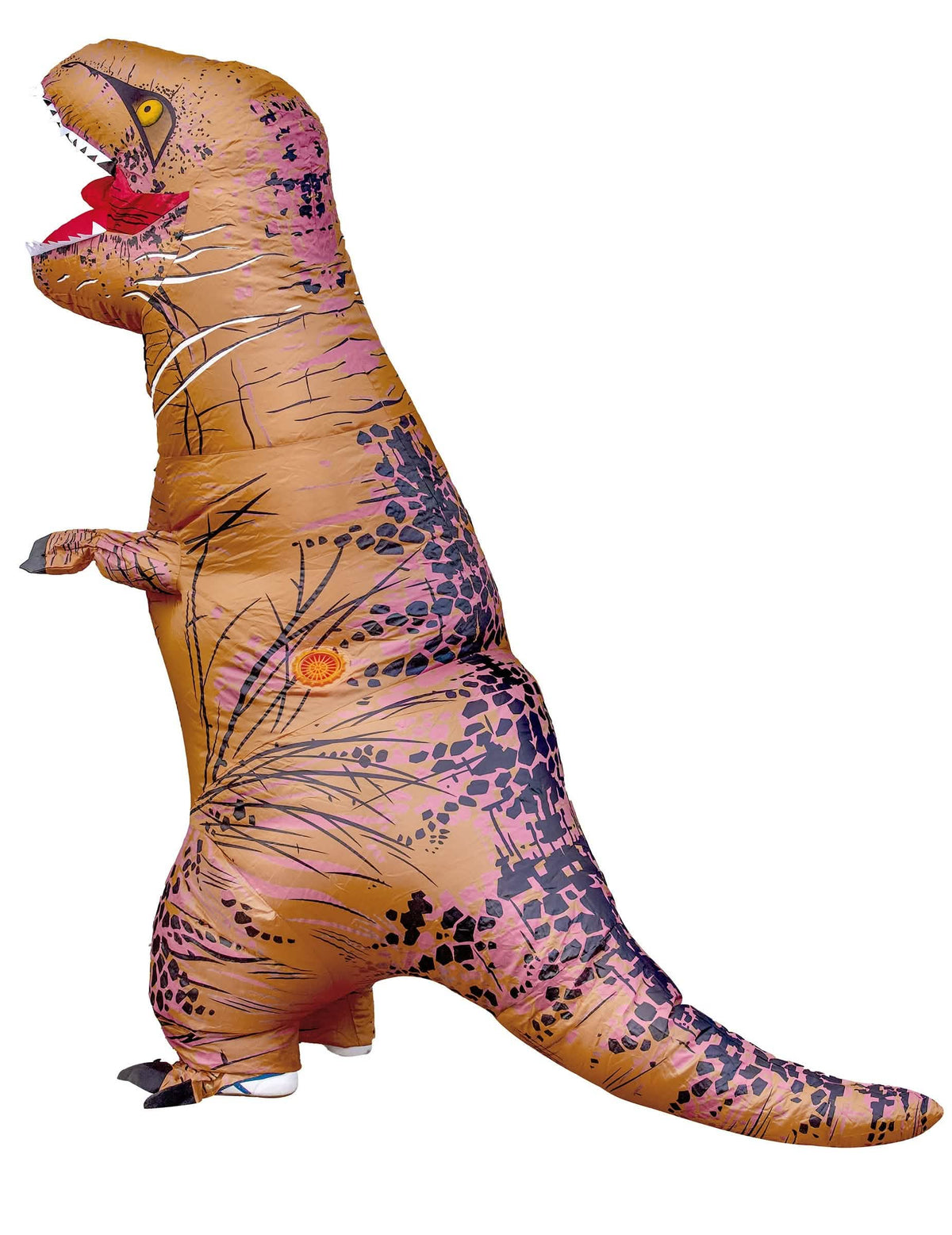Vue de profil du déguisement de T-rex gonflable pour adulte