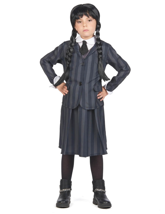 Déguisement uniforme scolaire gothique pour enfant à rayures gris foncé et noir