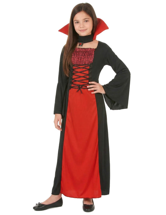 Déguisement de vampire long pour fille noir et rouge avec col montant