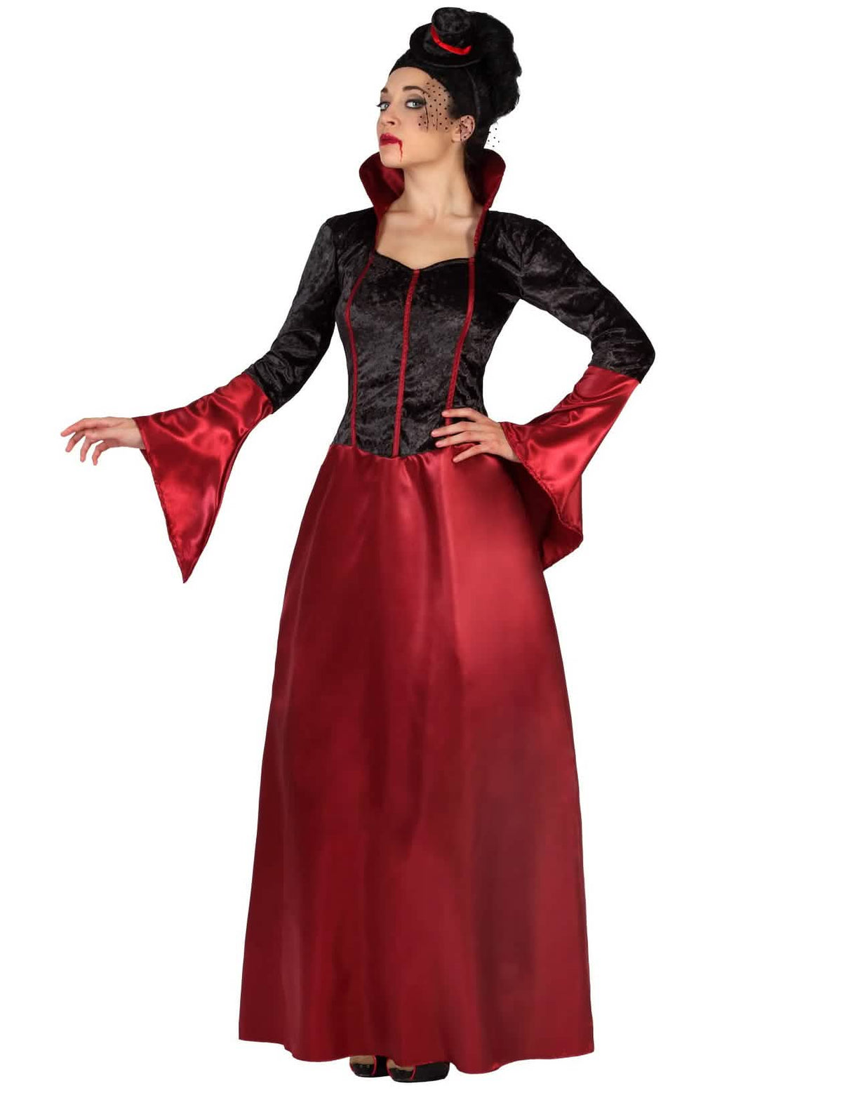 Disfraz de vampiro para mujer rojo y negro con cuello alto