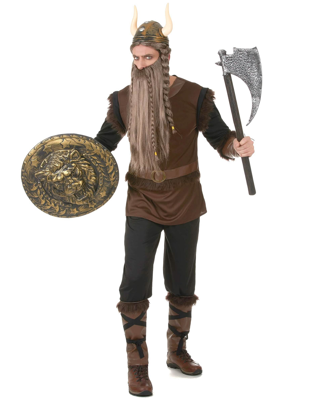 Vista frontal con hacha y escudo del disfraz vikingo efecto cuero