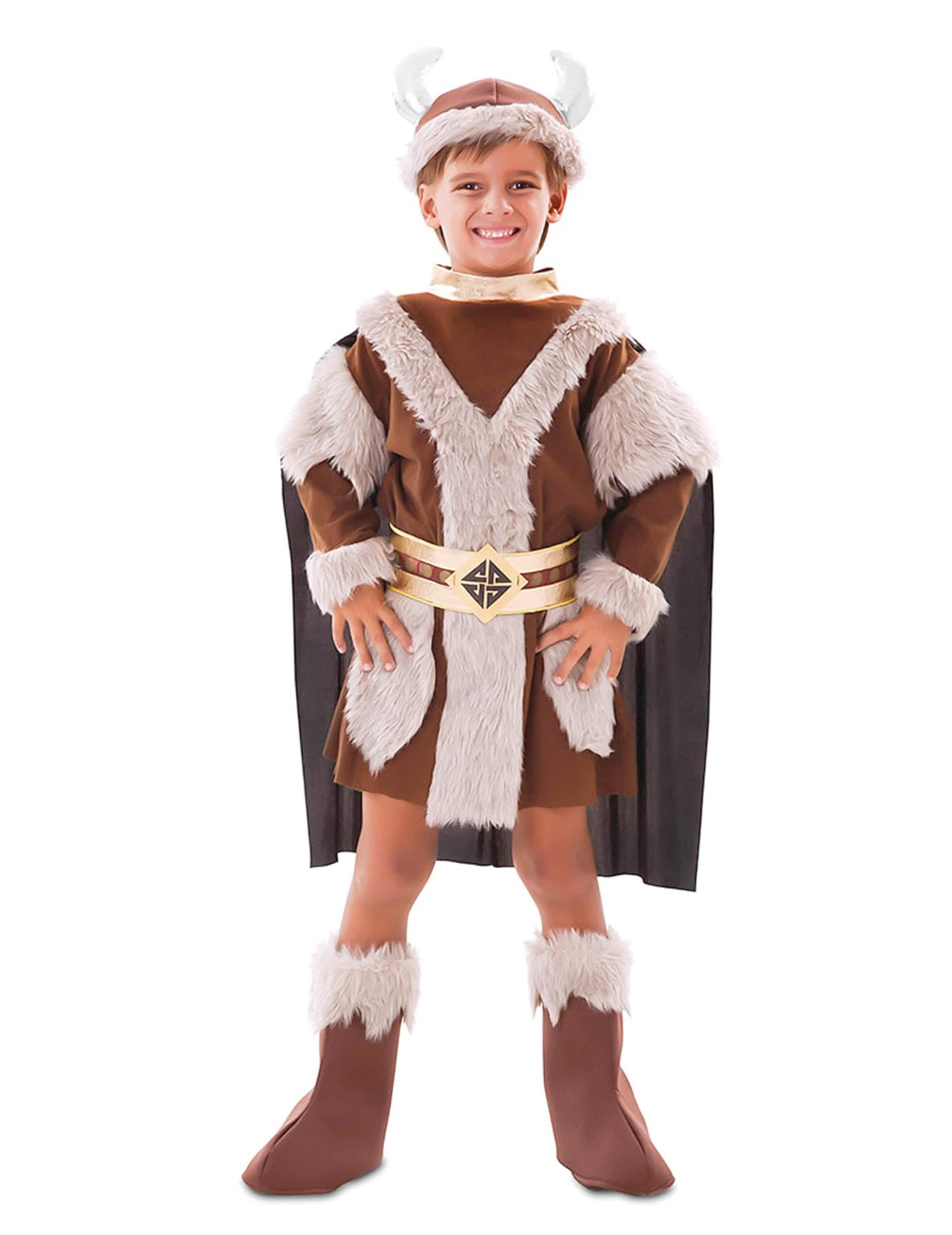 Disfraz vikingo para niño marrón con piel y casco con cuernos