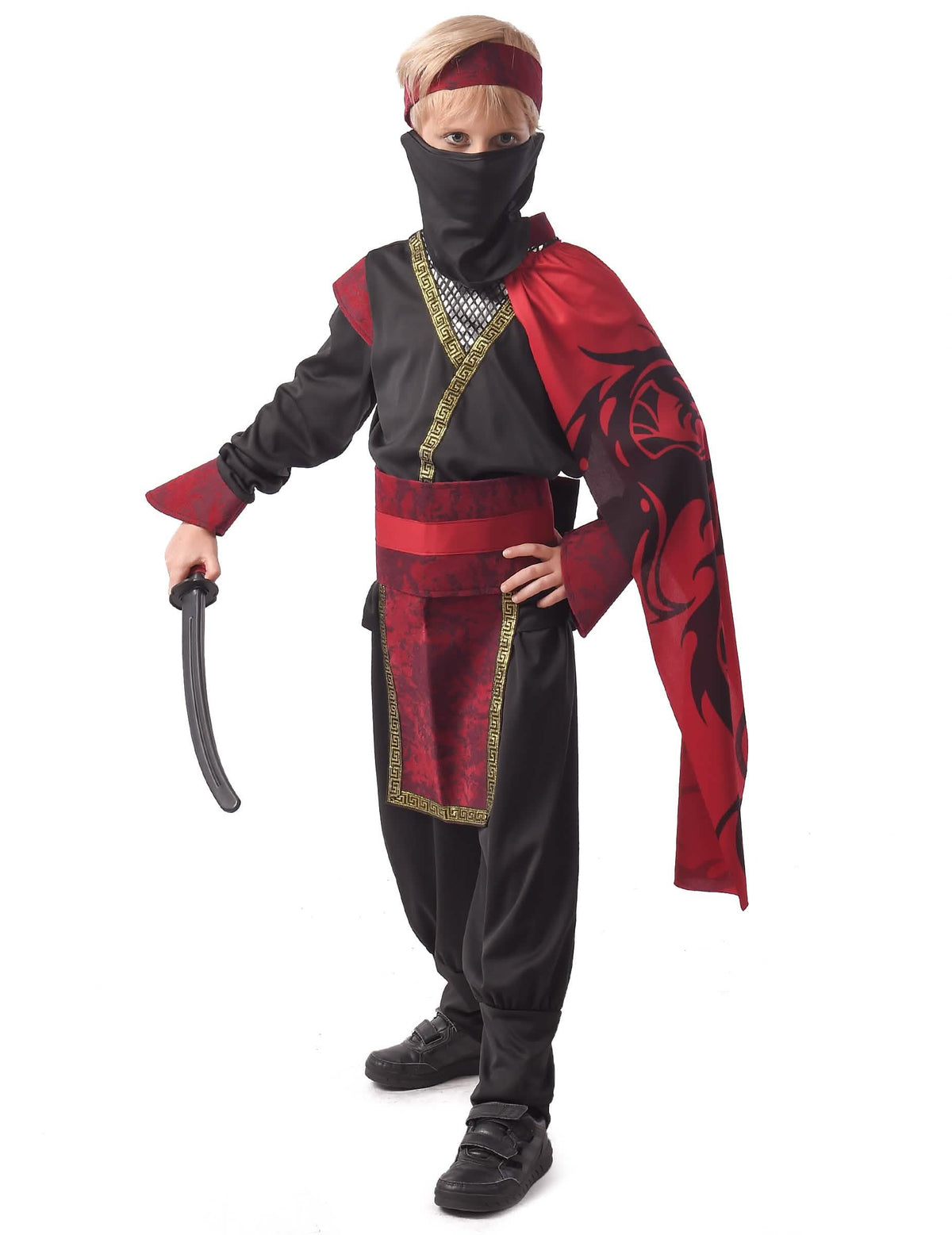 Disfraz de ninja dragón rojo para niño negro y rojo con máscara y sable
