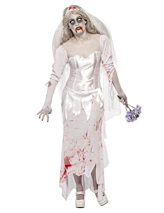 Déguisement de mariée zombie pour femme blanc et ensanglanté avec voile