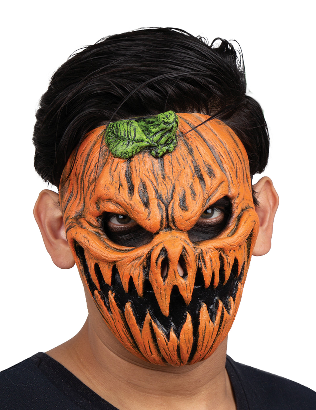 media máscara de calabazas encantadas para adulto naranja y negro con hoja verde