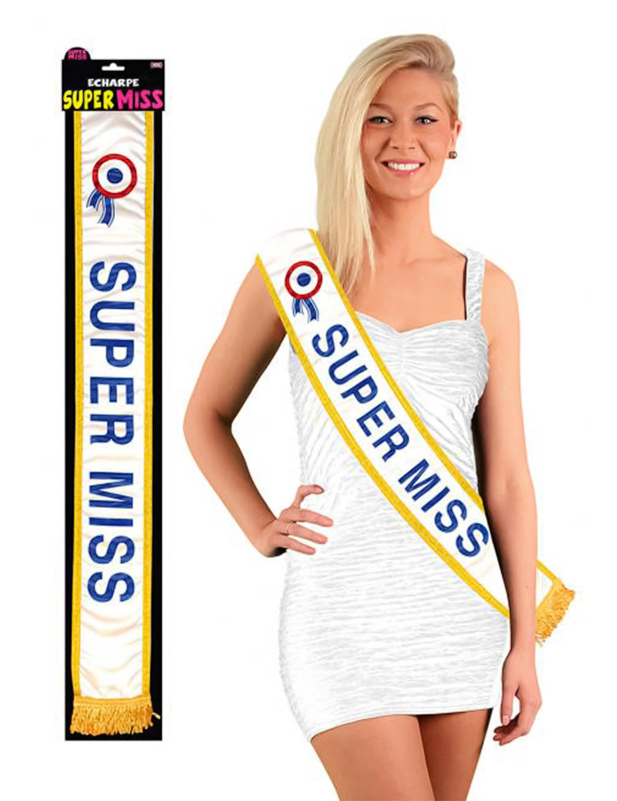 Echarpe Super miss para mujer blanca con ribete dorado y escarapela tricolor