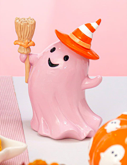 Fantasma de resina con escoba rosa pastel 15 cm