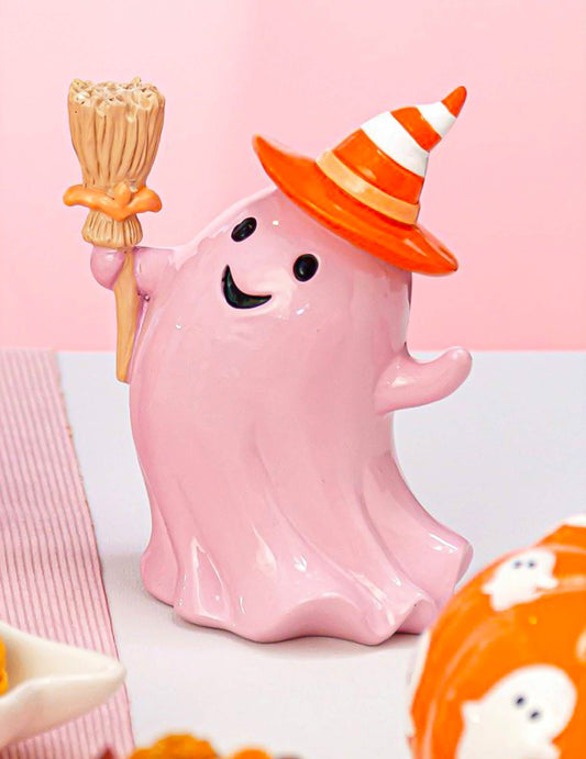 Fantasma de resina con escoba rosa pastel 15 cm