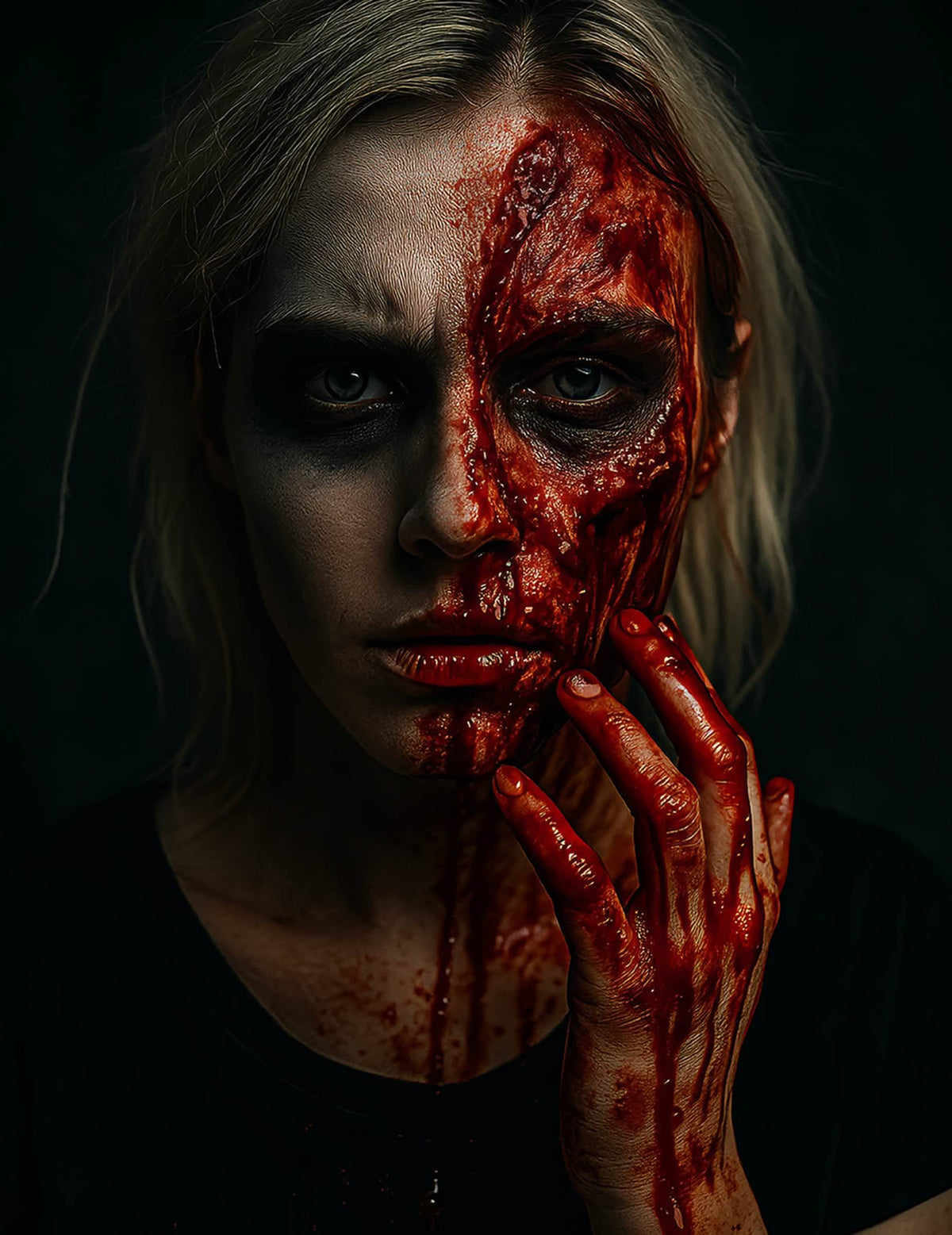Effet de blessure sanglante sur le visage du faux sang Halloween pour adulte