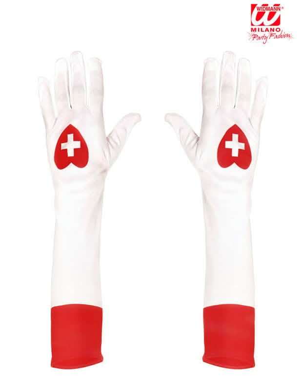 Detalle de los motivos de corazones y los puños rojos de los guantes largos de enfermera para adulto