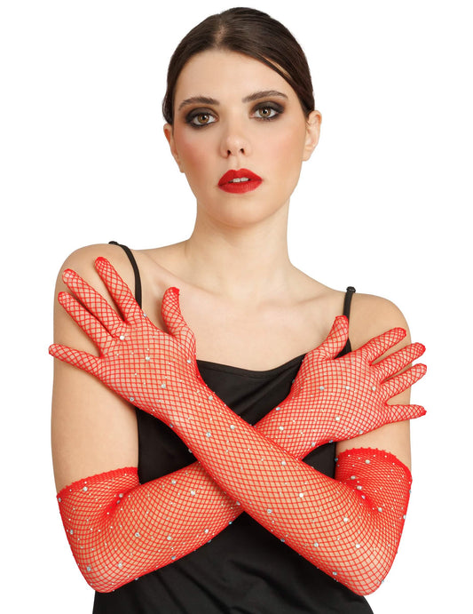 Guantes de rejilla rojos con strass adulto