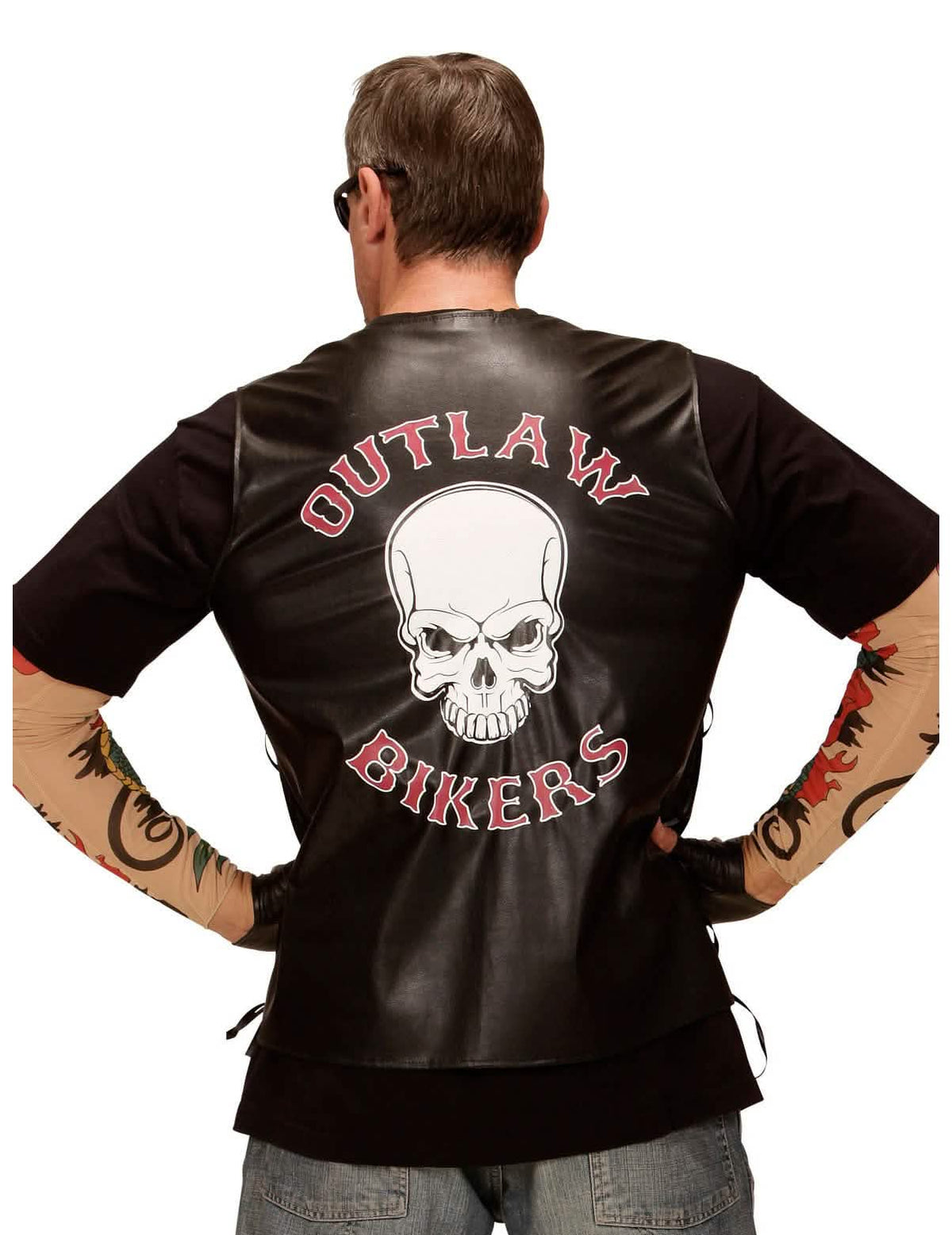 Vista trasera del chaleco biker para adulto con motivo de calavera