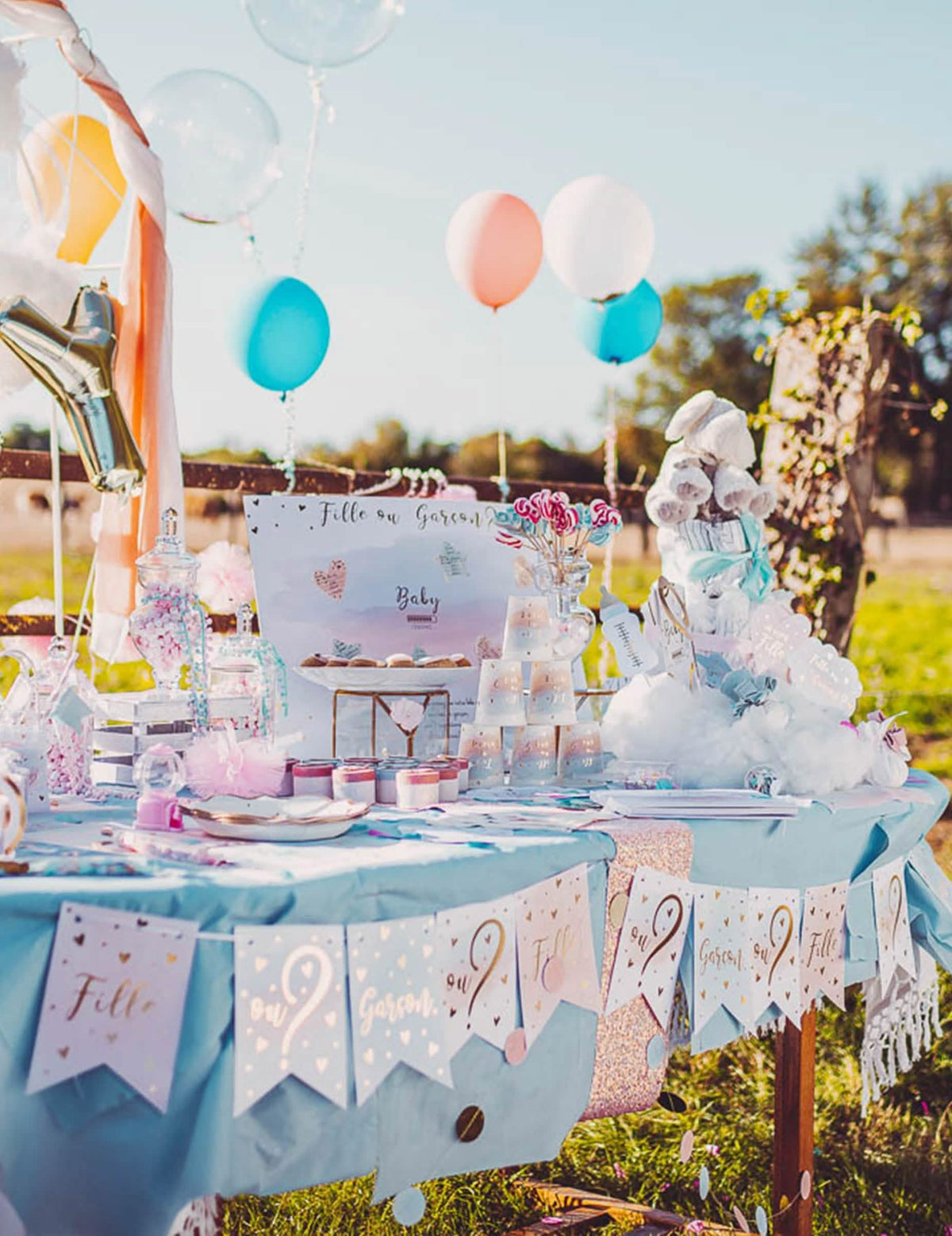 Ambientación sobre una mesa de fiesta de la guirnalda 11 banderines niña o niño para gender reveal