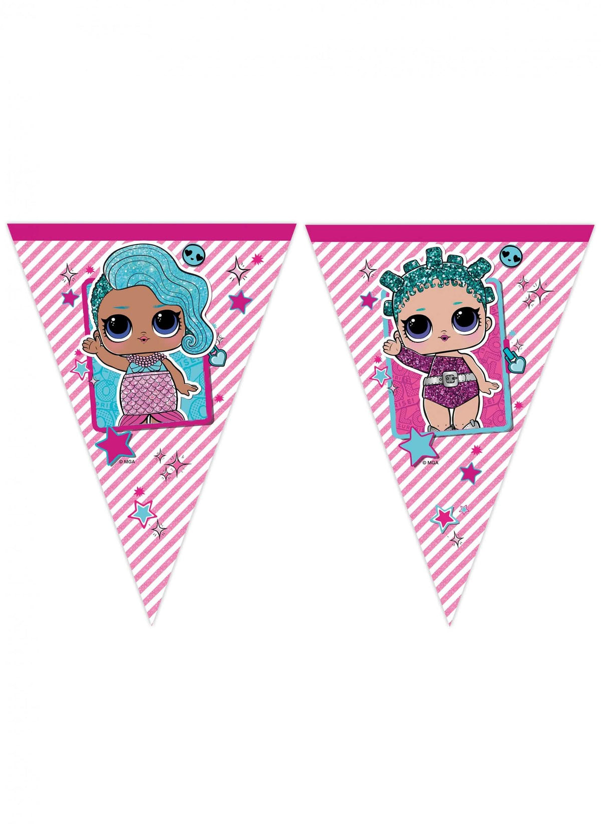 Guirnalda de plástico de 9 banderines LOL para niño rosa y blanco a rayas