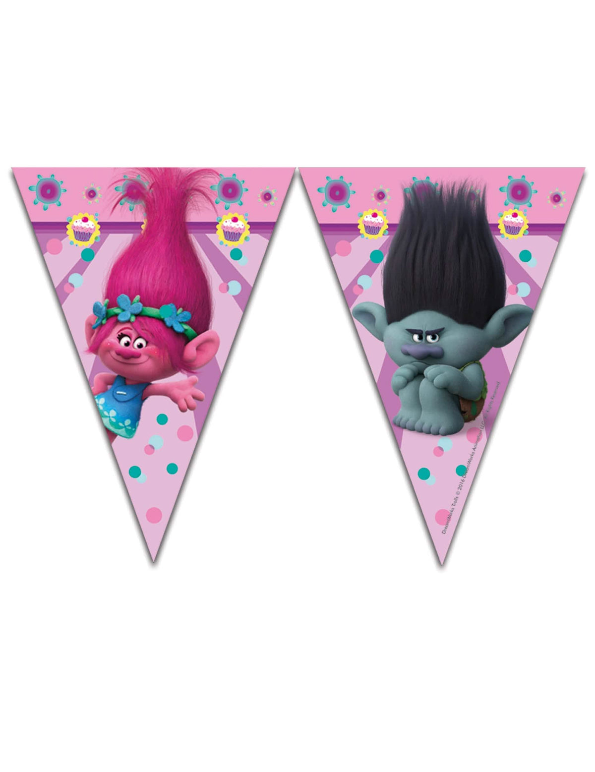 Guirnalda de 9 banderines Trolls para niño rosa con Poppy y Branche