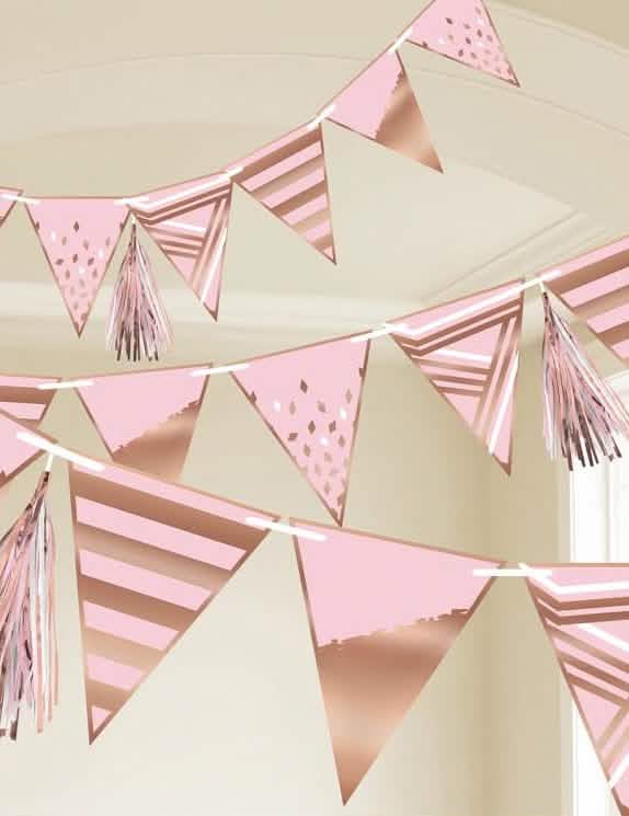 Guirnalda de banderines cumpleaños para decoración rosa y oro rosa con borlas