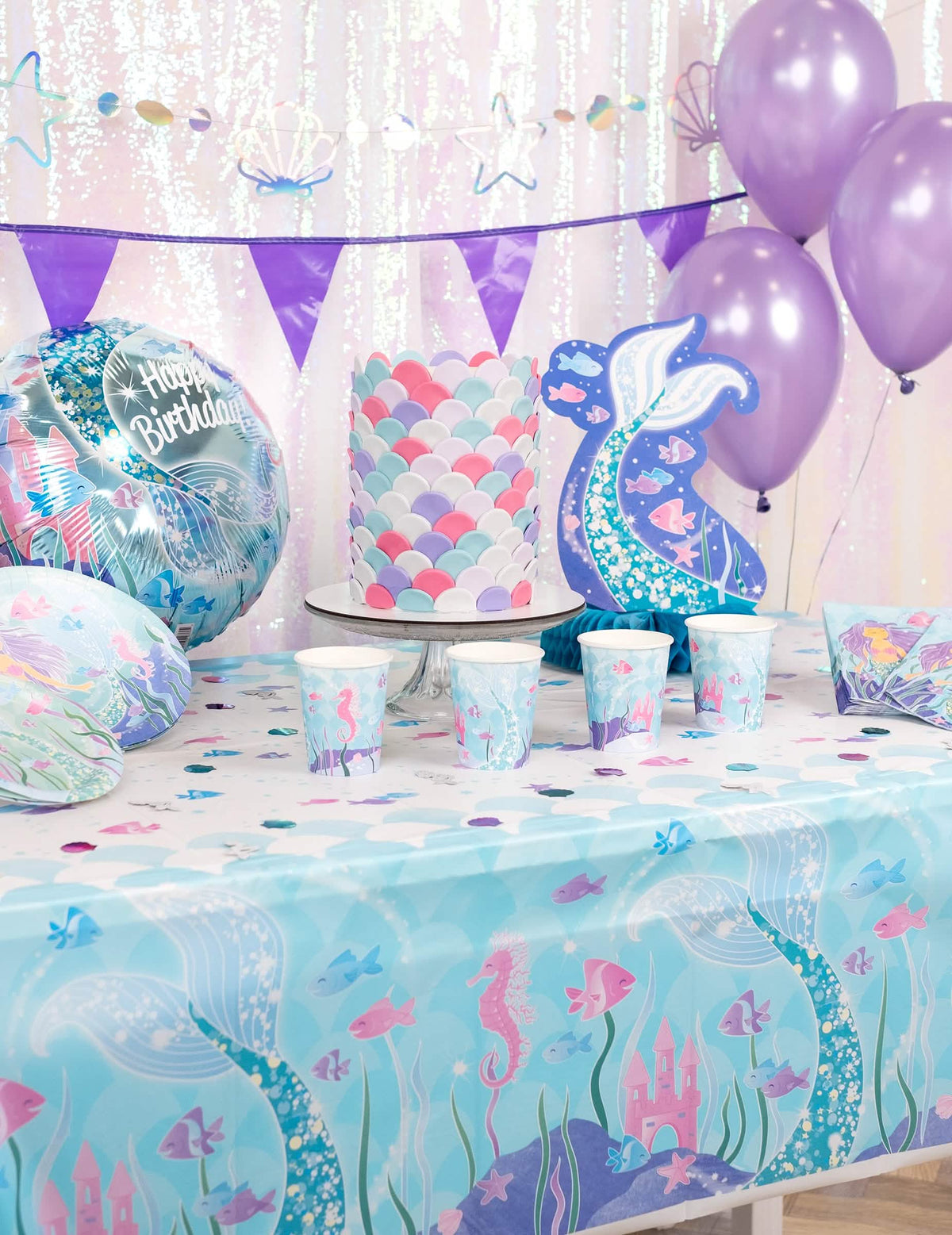 Decoración de cumpleaños tema sirenas de la guirnalda con mini banderines violeta