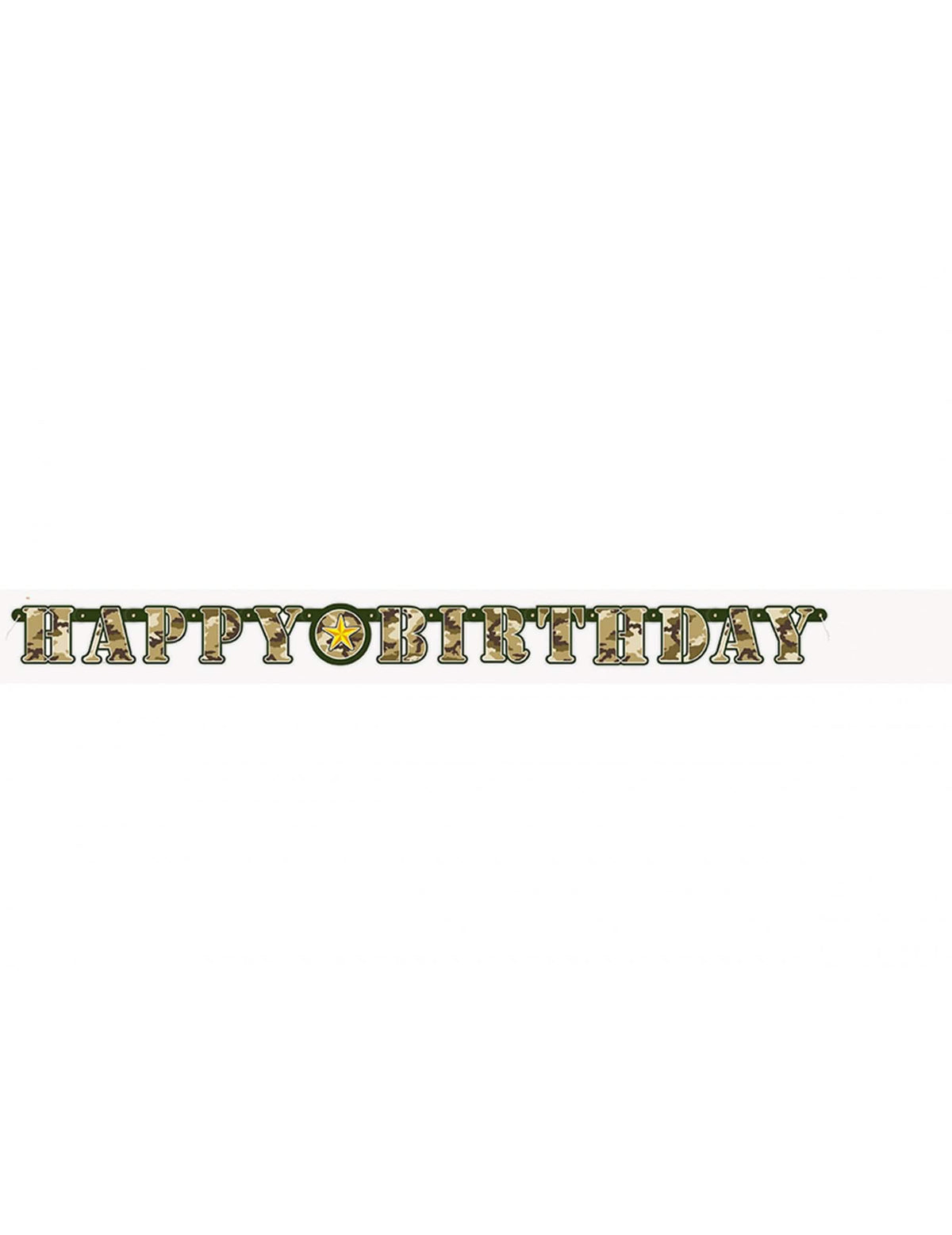 Vista frontal de la guirnalda articulada Happy Birthday militar
