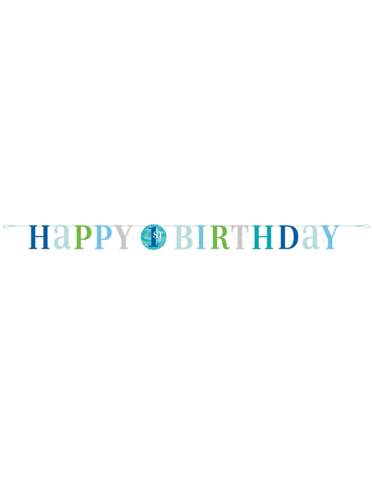 Vue d'ensemble de la guirlande en carton happy 1st birthday pour garçon bleue